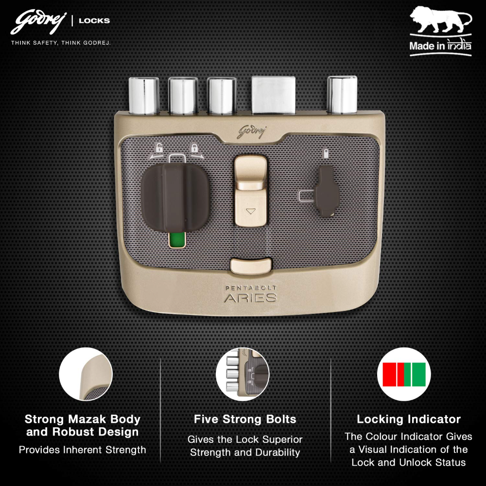 Godrej Rim Lock I Pentabolt Aries 3KS I 5 Bolts I 1CK Deadbolt I For Home Main Door I for Inside Opening Door l Left Right Handed Doors I 4Keys I 15 Year Warranty I Manual Locking I Vegas Gold Finish